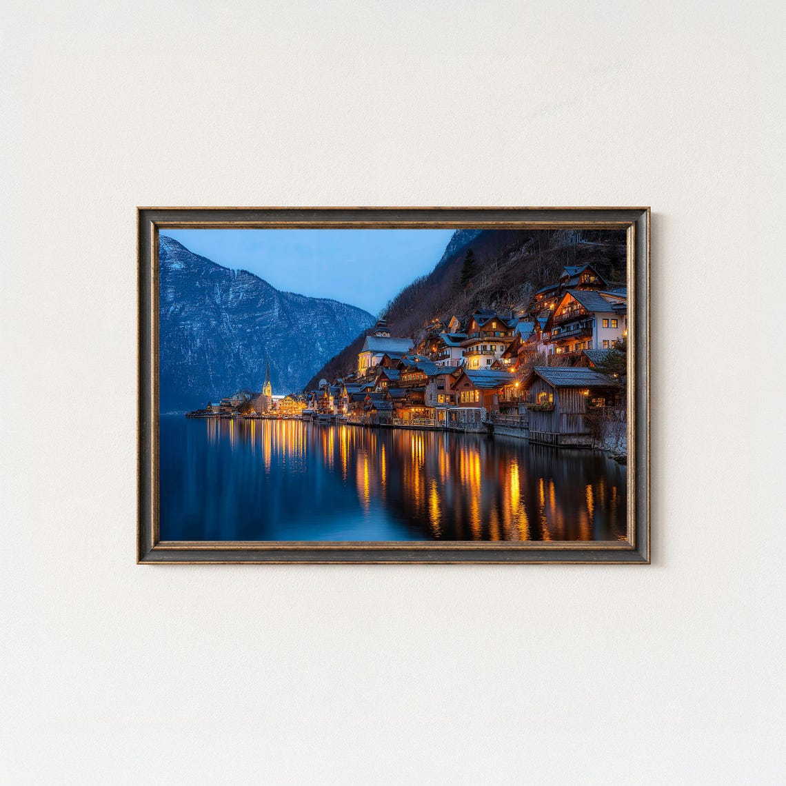 Hallstatt Austria Blue Hour Lakeside Village Reflection Poster