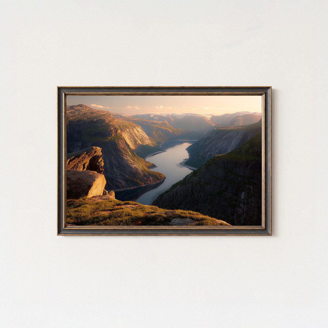 Norwegian Fjord Sunset Mountain Valley Golden Hour Nature Photo Poster
