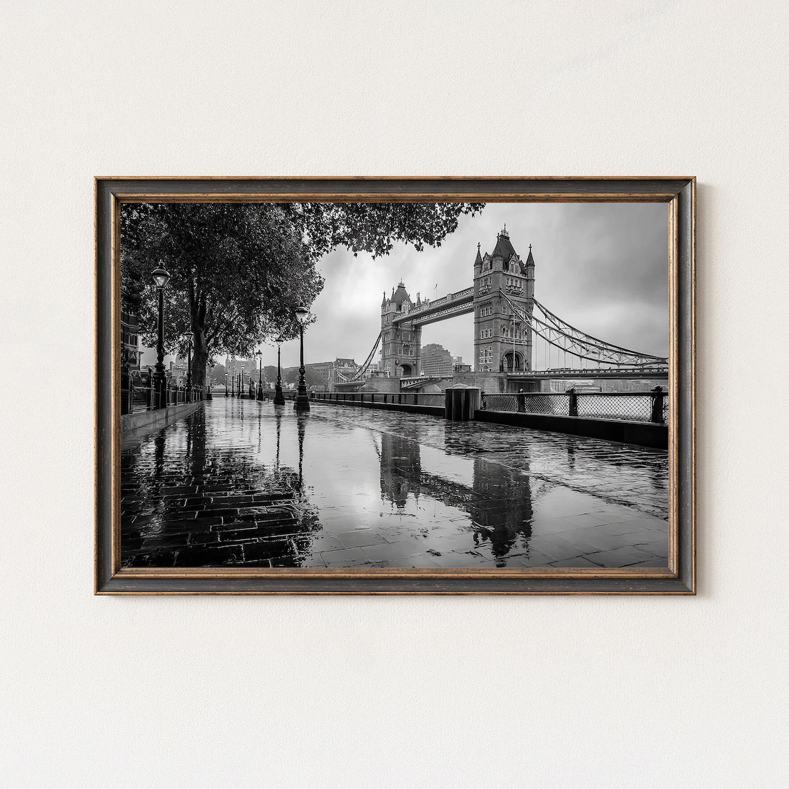 Tower Bridge London Rain Wet Street Black and White Photo Poster