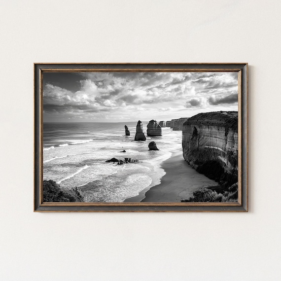 Twelve Apostles Limestone Stacks Black and White Ocean Photo Poster