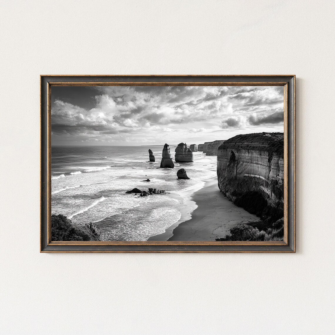 Twelve Apostles Limestone Stacks Black and White Ocean Photo Poster
