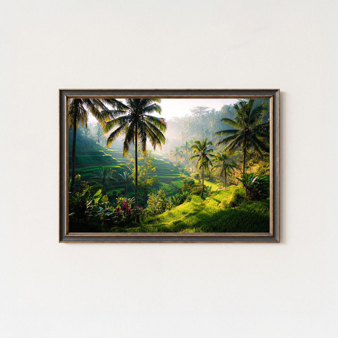 Bali Rice Terraces At Sunrise Palm Trees And Misty Jungle Poster