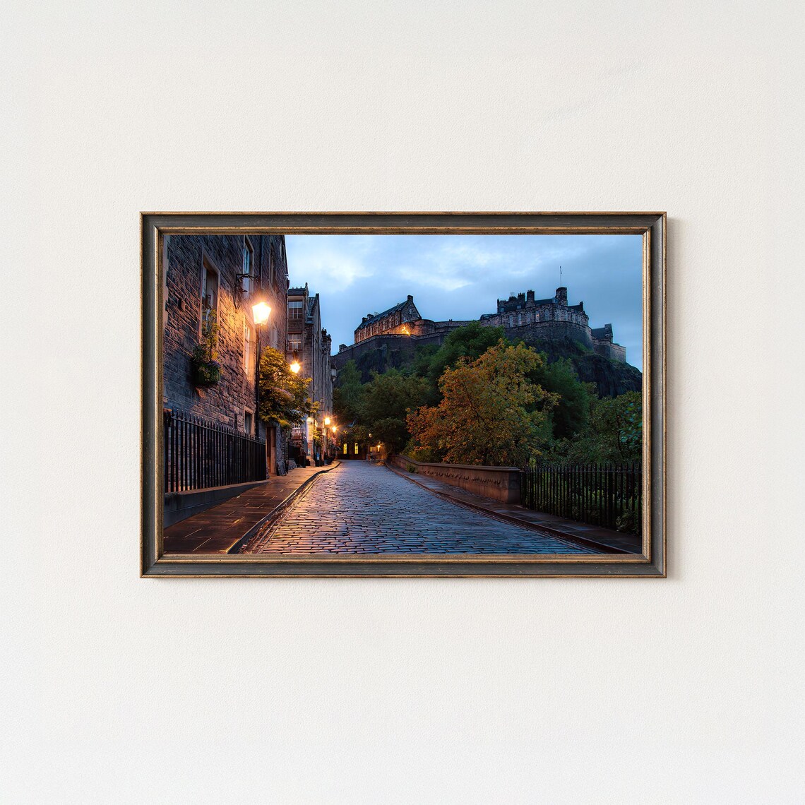 Edinburgh Castle At Dusk Glowing Cobblestone Street Lamp Poster
