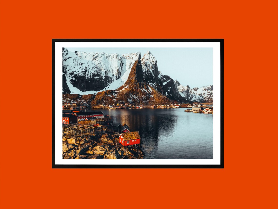 Lofoten Islands Norway Red Cabins Snowy Mountain Fjord Wall Art