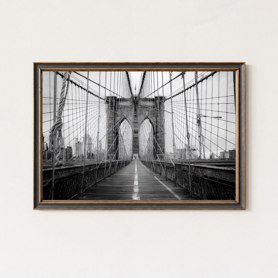 Brooklyn Bridge Walkway Black And White Steel Cable Photo Print