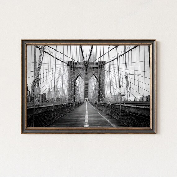 Brooklyn Bridge Walkway Black And White Steel Cable Photo Print
