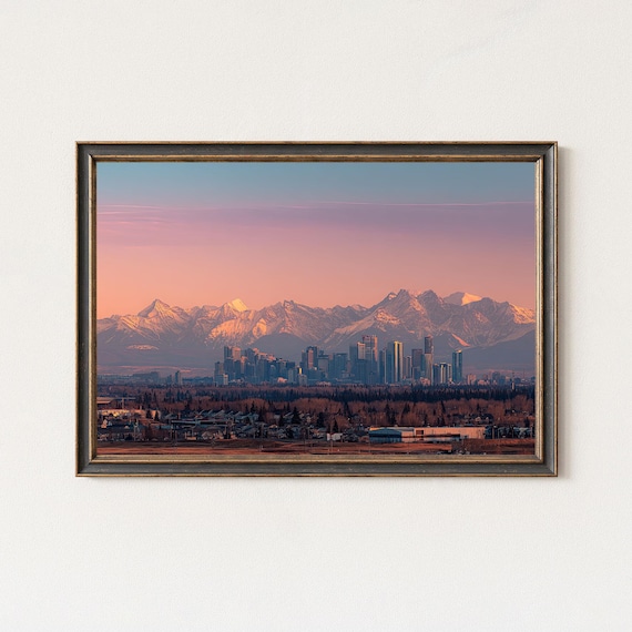 Calgary Skyline Sunset Print Rocky Mountains Cityscape Art