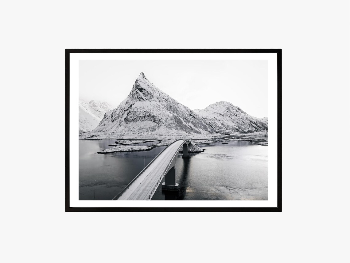 Lofoten Norway Winter Black and White Arctic Mountain Bridge Wall Art