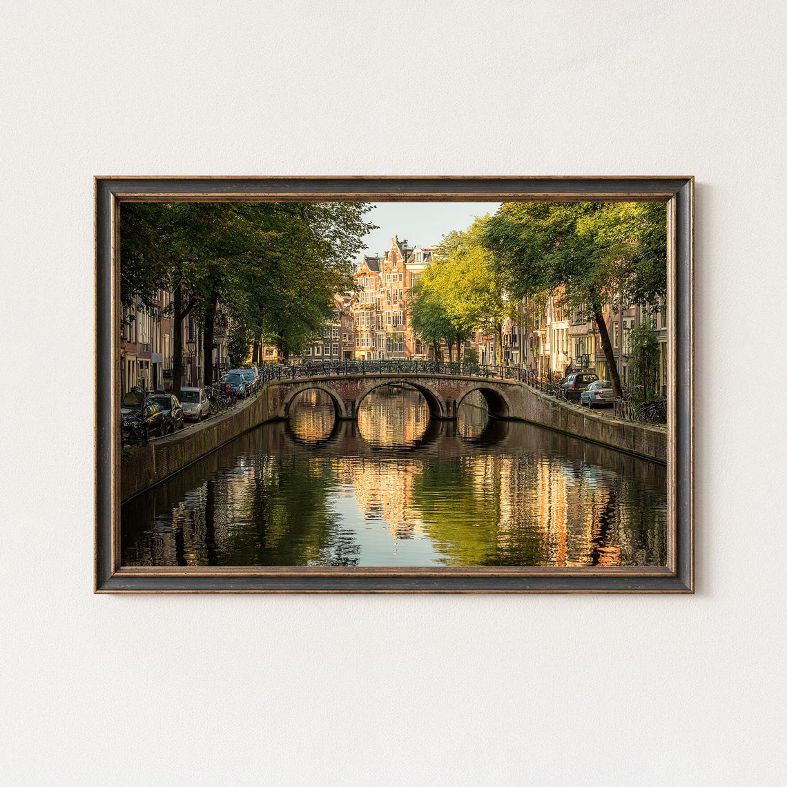 Amsterdam Canal Brick Bridge Golden Hour Reflection City Poster