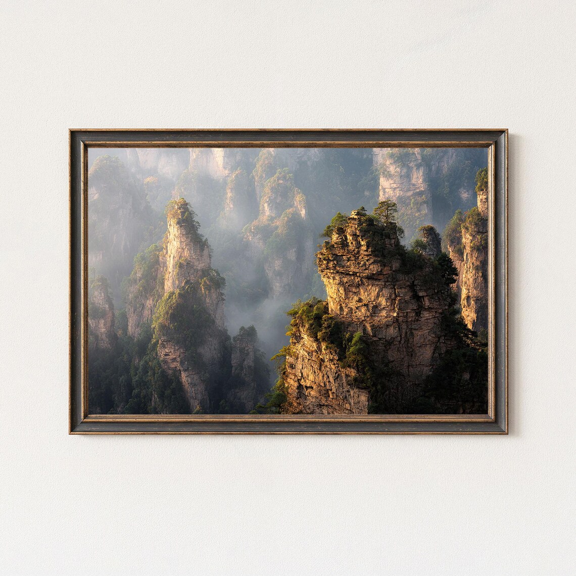 Zhangjiajie Sandstone Pillars in Morning Mist China Landscape Poster