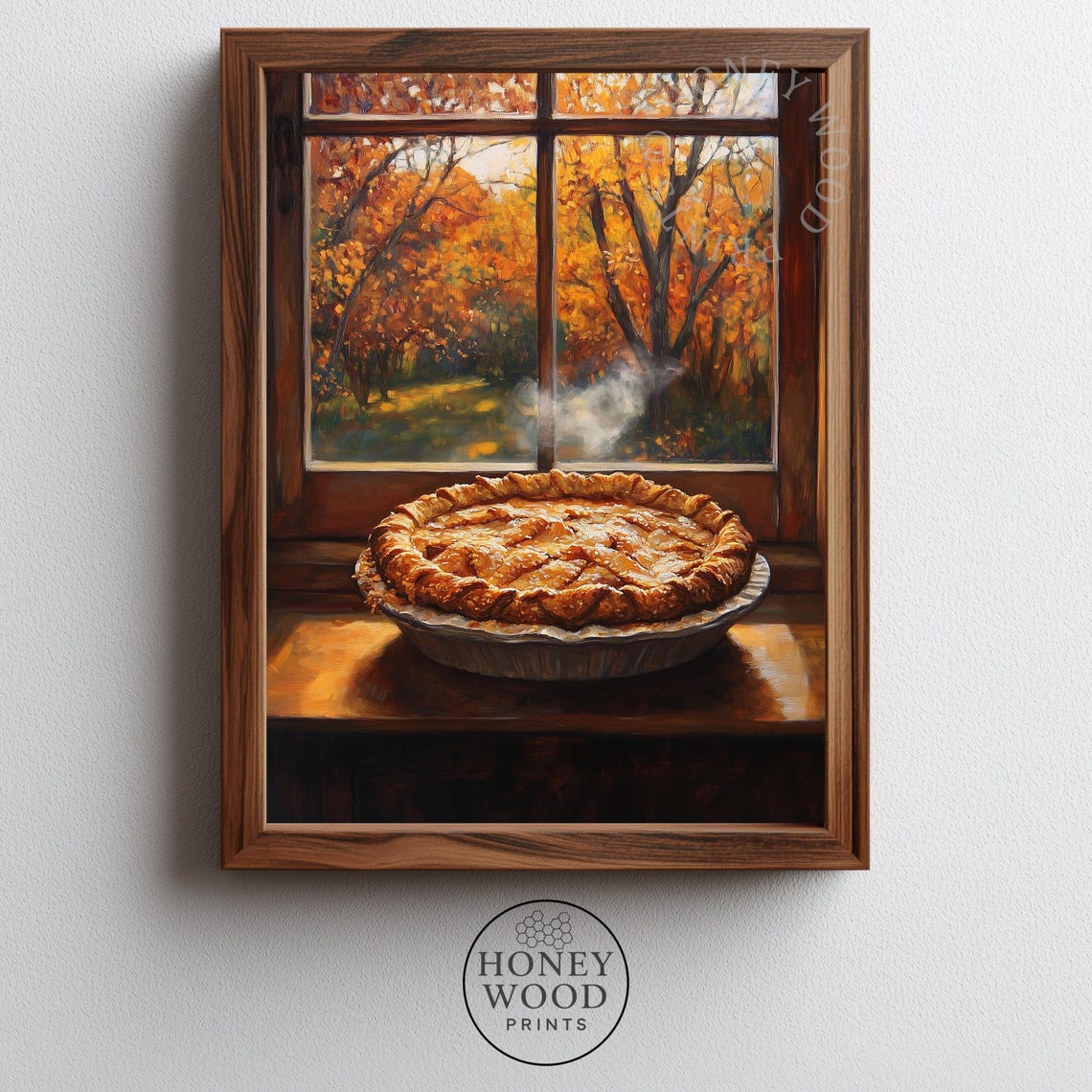 Steaming Pie on Autumn Windowsill Cozy Harvest Painting Poster