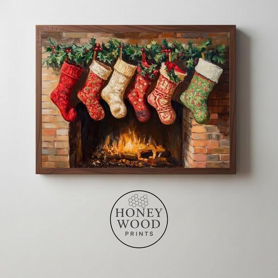 Christmas Stockings Fireplace Mantel Oil Painting Cozy Holiday Wall Art