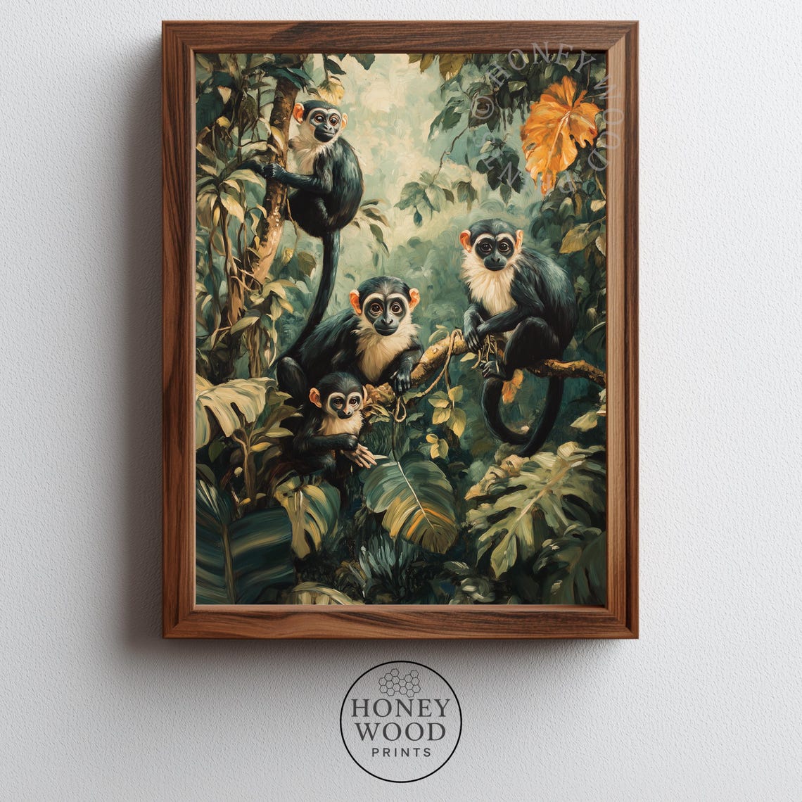 Tropical Jungle Monkey Family Vintage Botanical Illustration Lush Moody Wall Art Dense Foliage Decor 269