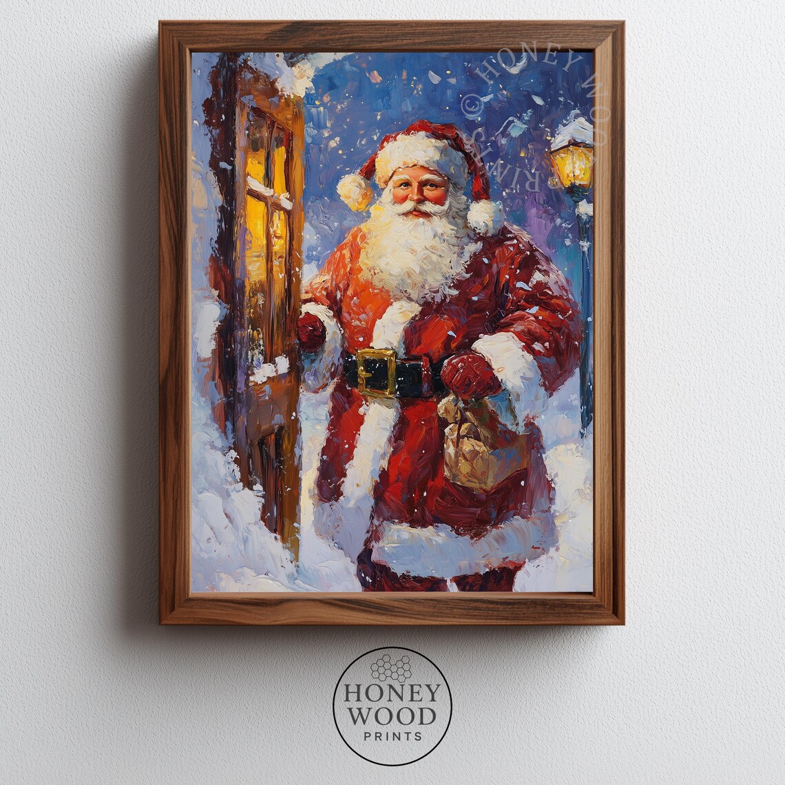 Santa Claus with Gift Sack Snowy Night Doorway Christmas Art Poster