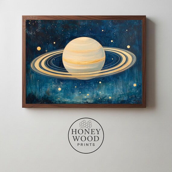 Vintage Saturn And Rings Painting Moody Celestial Wall Art Cosmic Decor Handpainted Starry Night Scene Instant 97