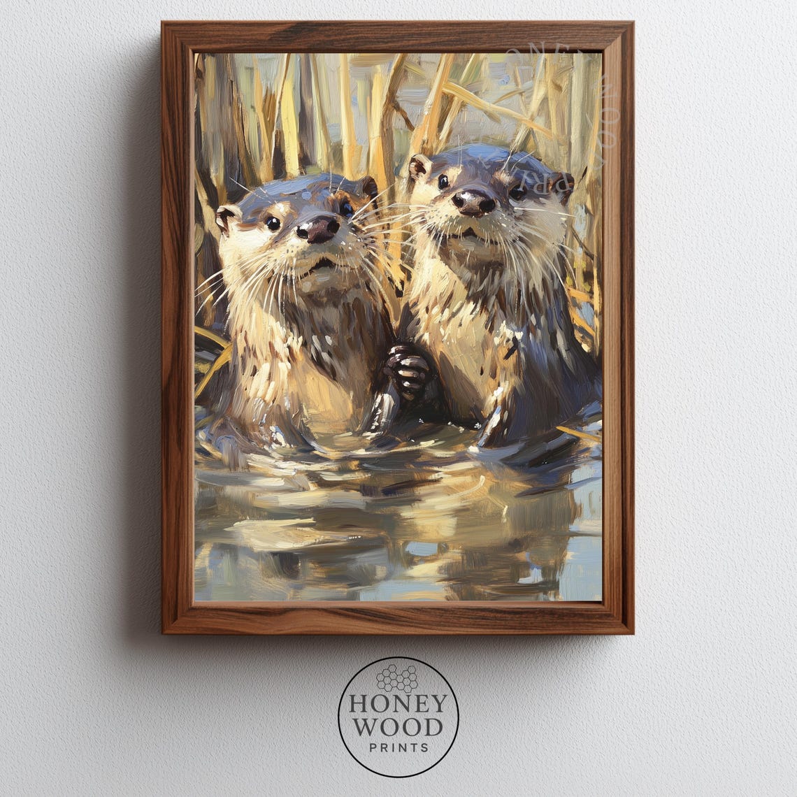 Two River Otters Playing Vintage Oil Painting Wildlife Animal Poster