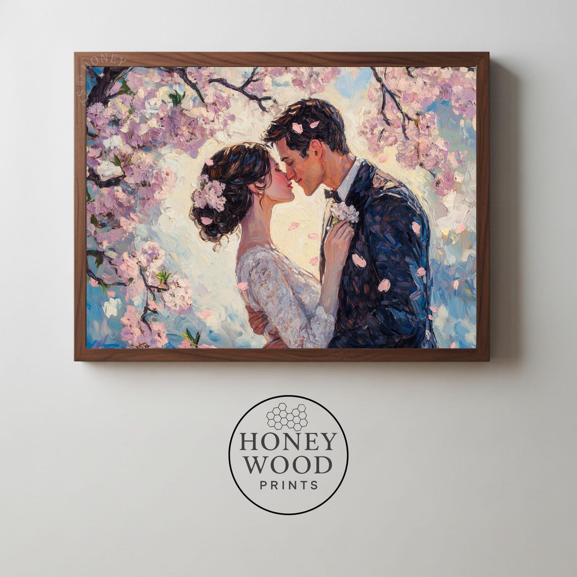Romantic Wedding Couple Kiss Beneath Cherry Blossom Wall Art