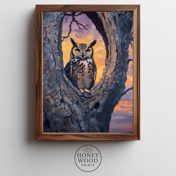 Rustic Great Horned Owl Print Moody Wildlife Art Textured Oak Tree Painting Nature Cabins Decor Instant Wall 22