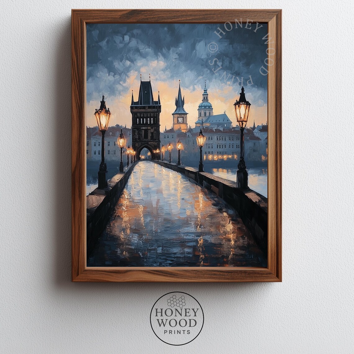 Prague Charles Bridge Gothic Towers Night Lamplight Oil Painting Print