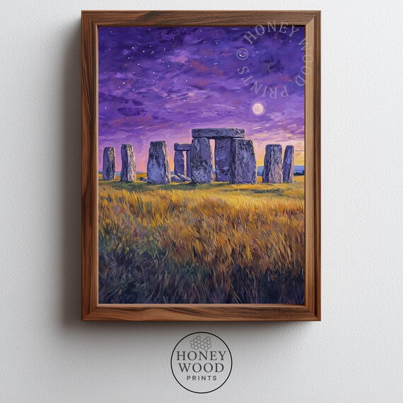 Moody Stonehenge Oil Painting Celestial Twilight Landscape Art Mysterious Horizon Rich Purple Tones 214