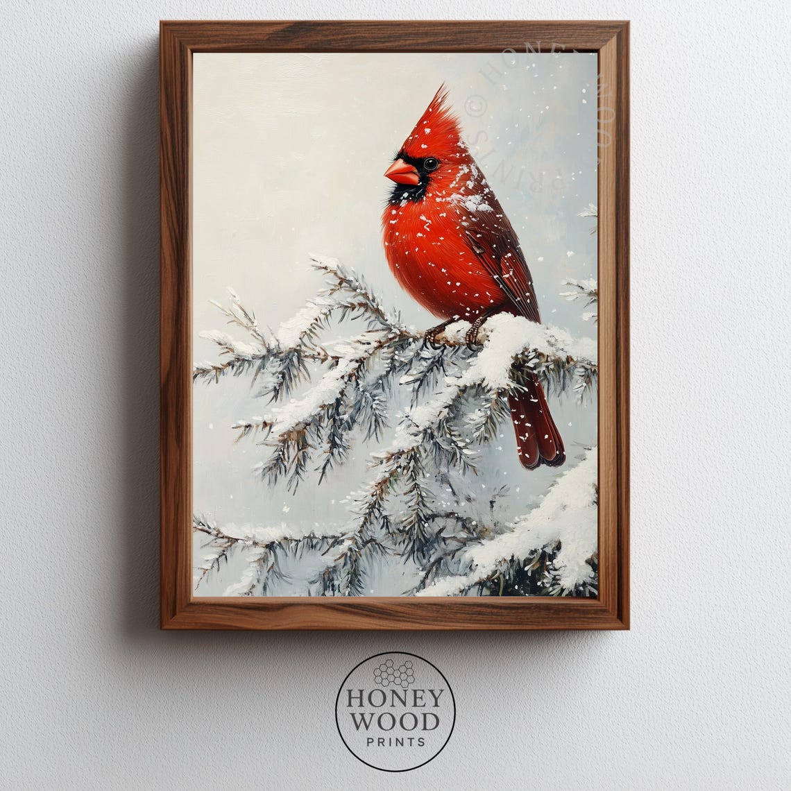 Winter Cardinal On Snowy Evergreen Festive Bird Painting Poster