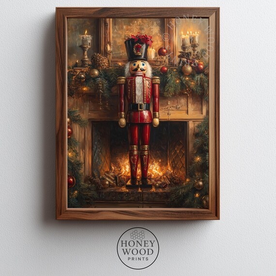 Festive Nutcracker by Fireplace Garland Candles Vintage Holiday Poster