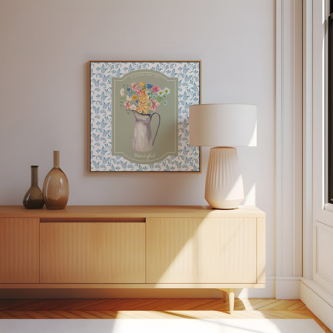 Blessed Are the Merciful Wildflower Pitcher Cottage Art Poster - Image 3