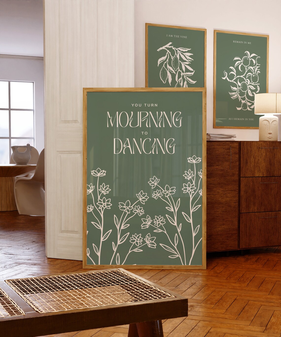 You Turn Mourning to Dancing Green Cream Botanical Line Art Flower Poster - Image 3