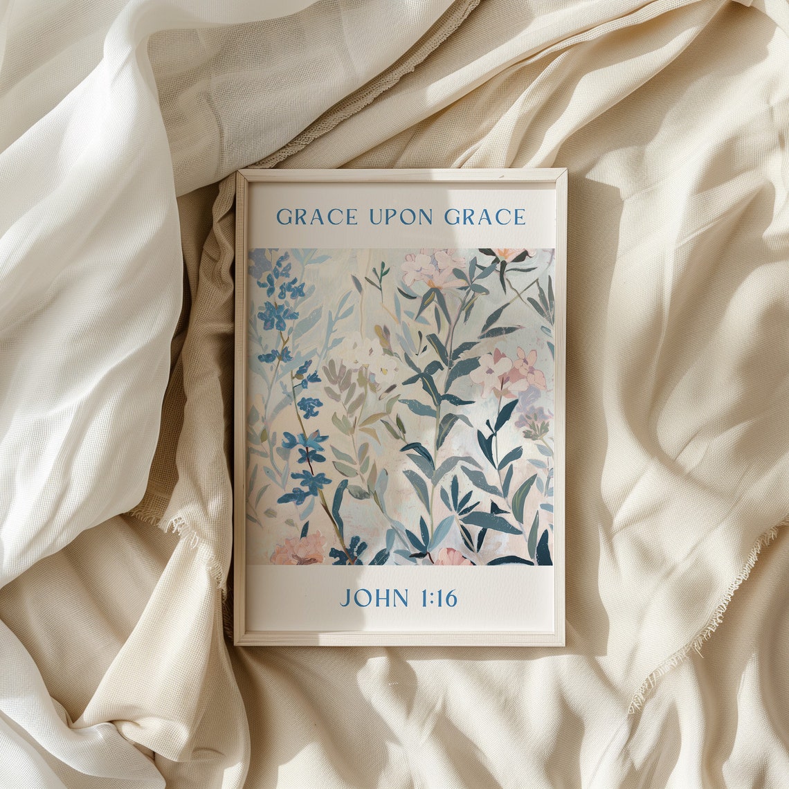 John 1:16 Grace Upon Grace Blue Wildflower Watercolor Bible Poster - Image 3