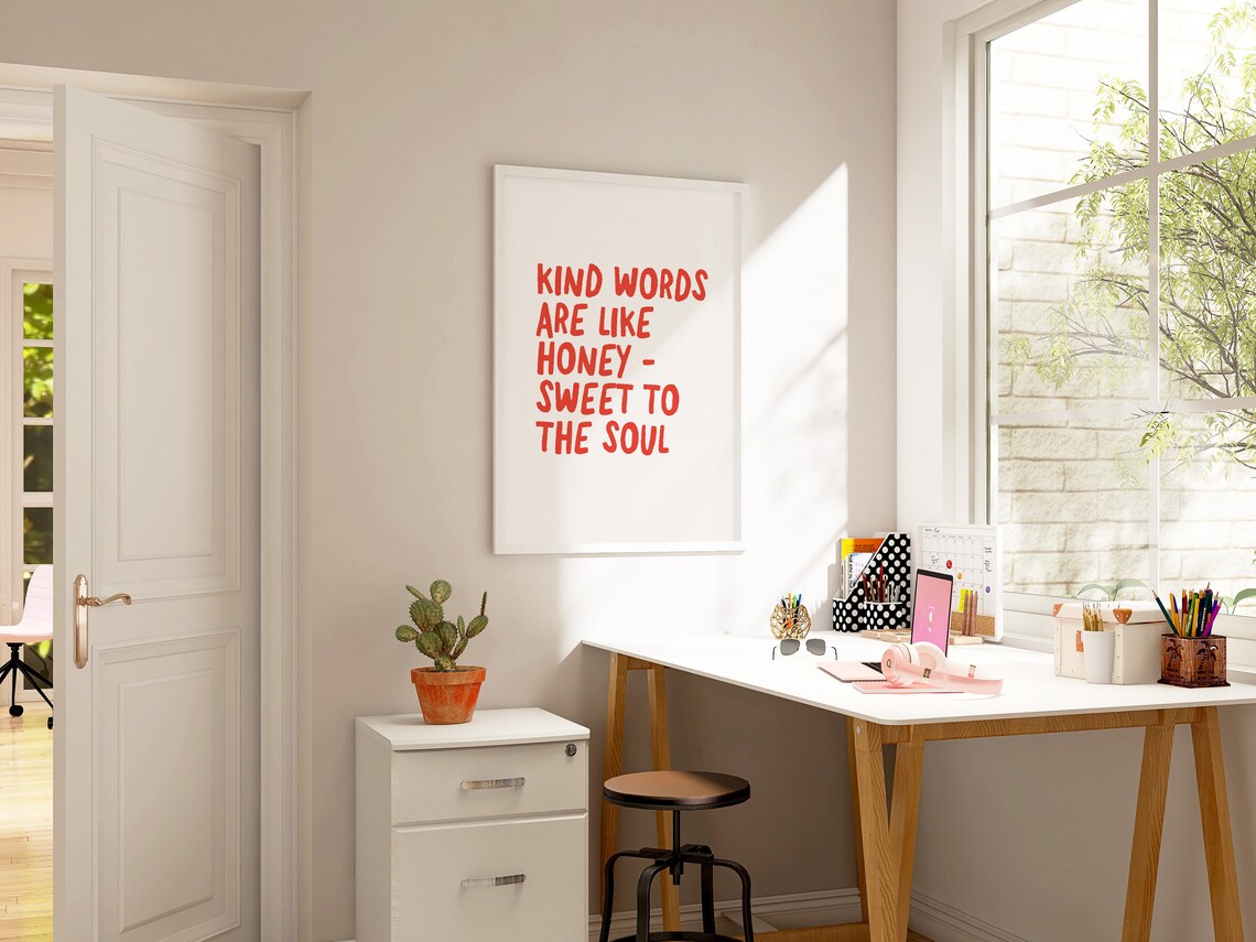 Kind Words Are Like Honey Sweet to the Soul Red Hand Lettering Quote Wall Poster - Image 3