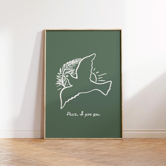 Peace I Give You Dove Green Christian Line Art Scripture Poster
