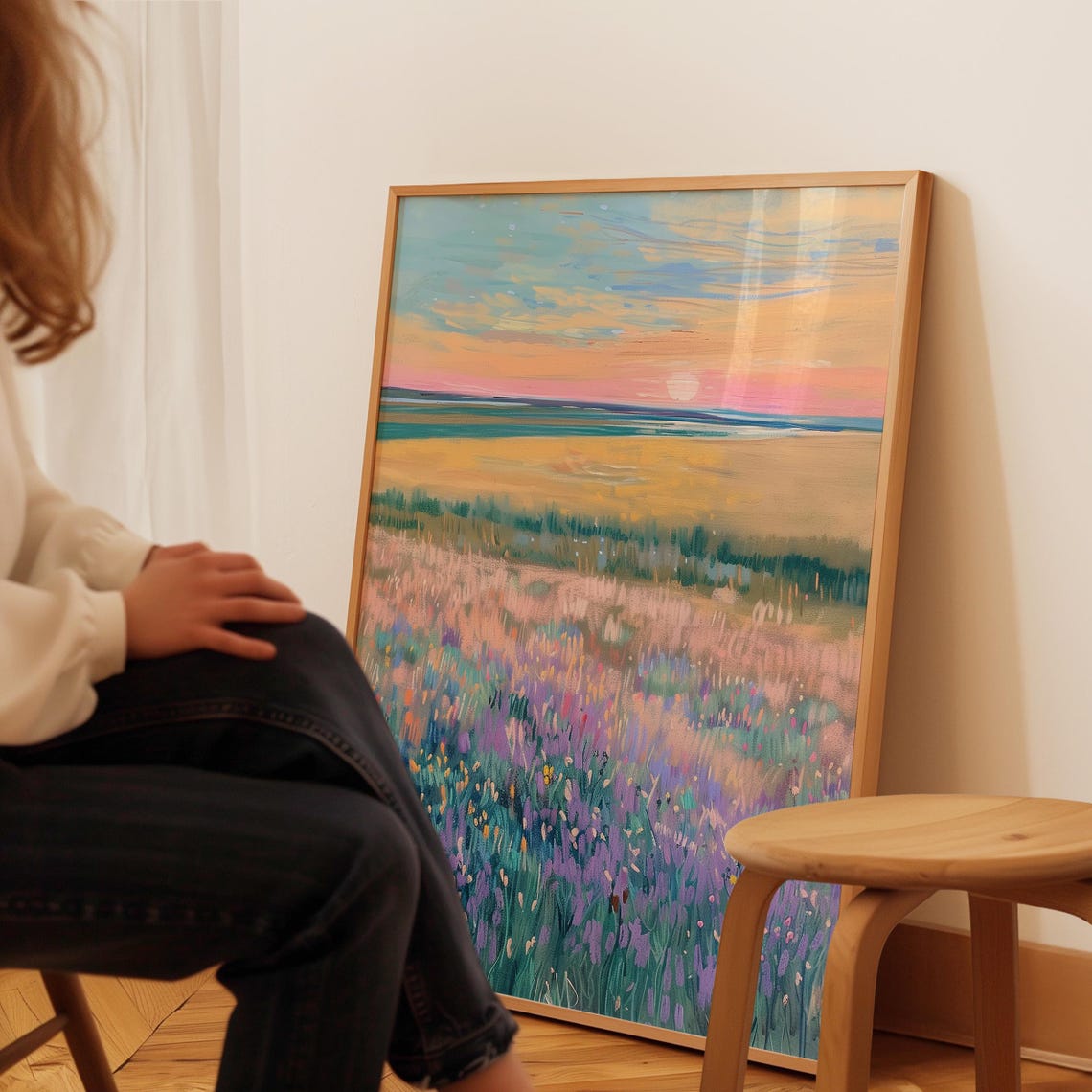 Sunset Wildflower Meadow Ocean Impressionist Landscape Art Poster - Image 3