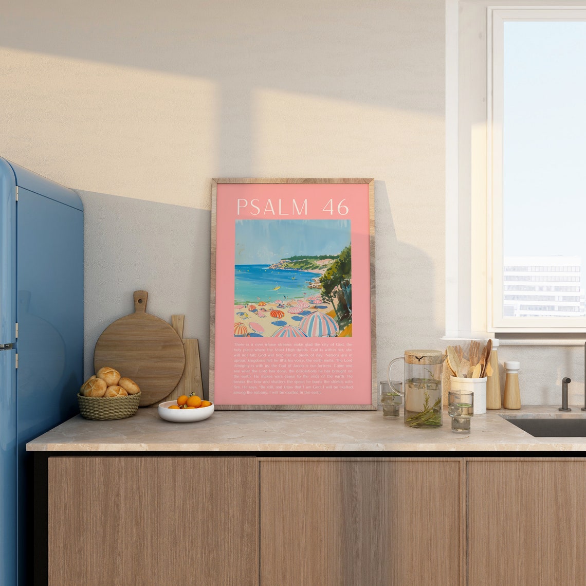 Psalm 46 Beach Umbrella Coastal Painting Pink Scripture Poster - Image 3