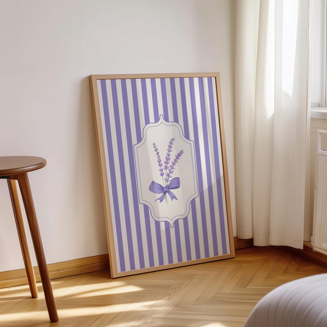 Lavender Bouquet Purple Bow Vintage Crest Striped Art Poster - Image 3