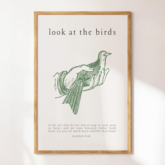 Look At the Birds Matthew 6:26 Green Bird In Hand Vintage Poster