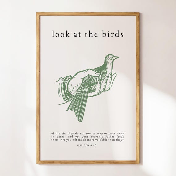 Look At The Birds Minimalist Purple Christian Typography Trendy Art Print Bible Verse Wall Art Baptism Gift