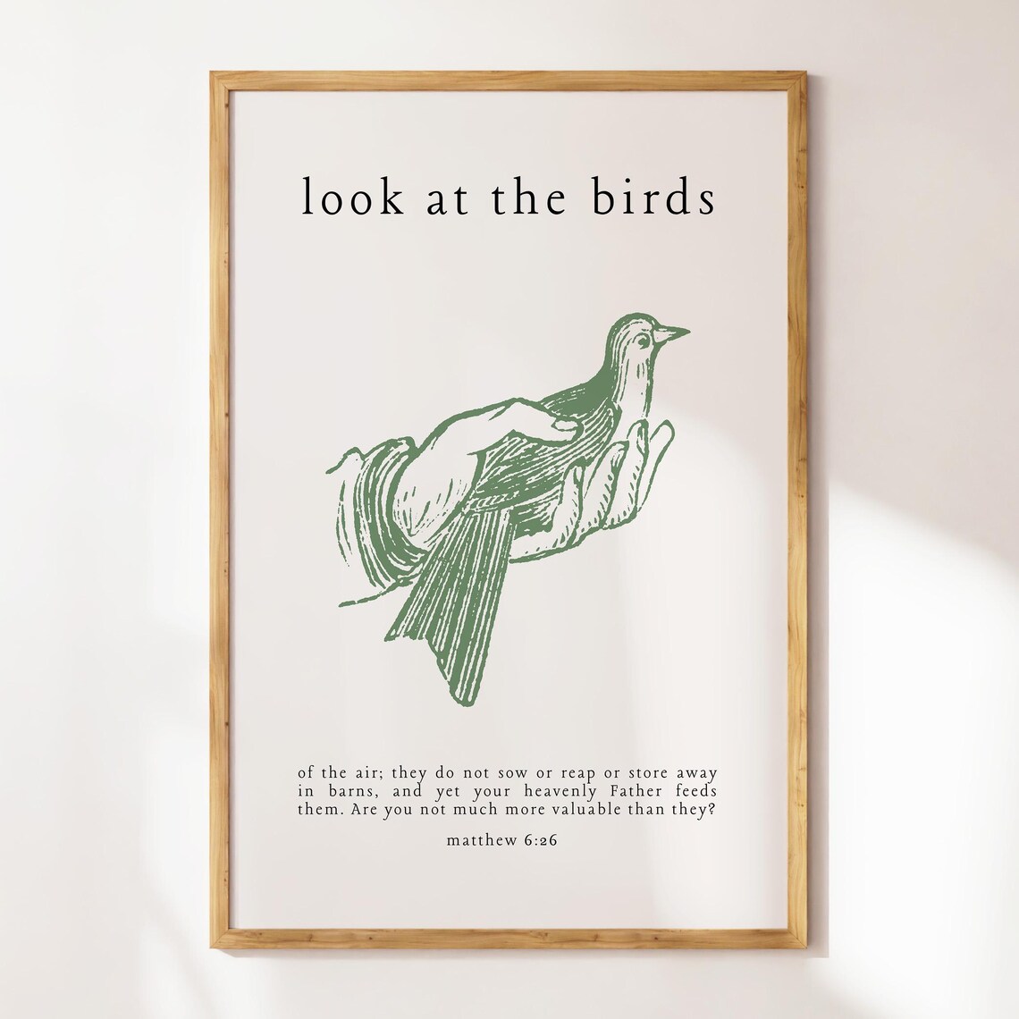 Look At the Birds Matthew 6:26 Green Bird In Hand Vintage Poster