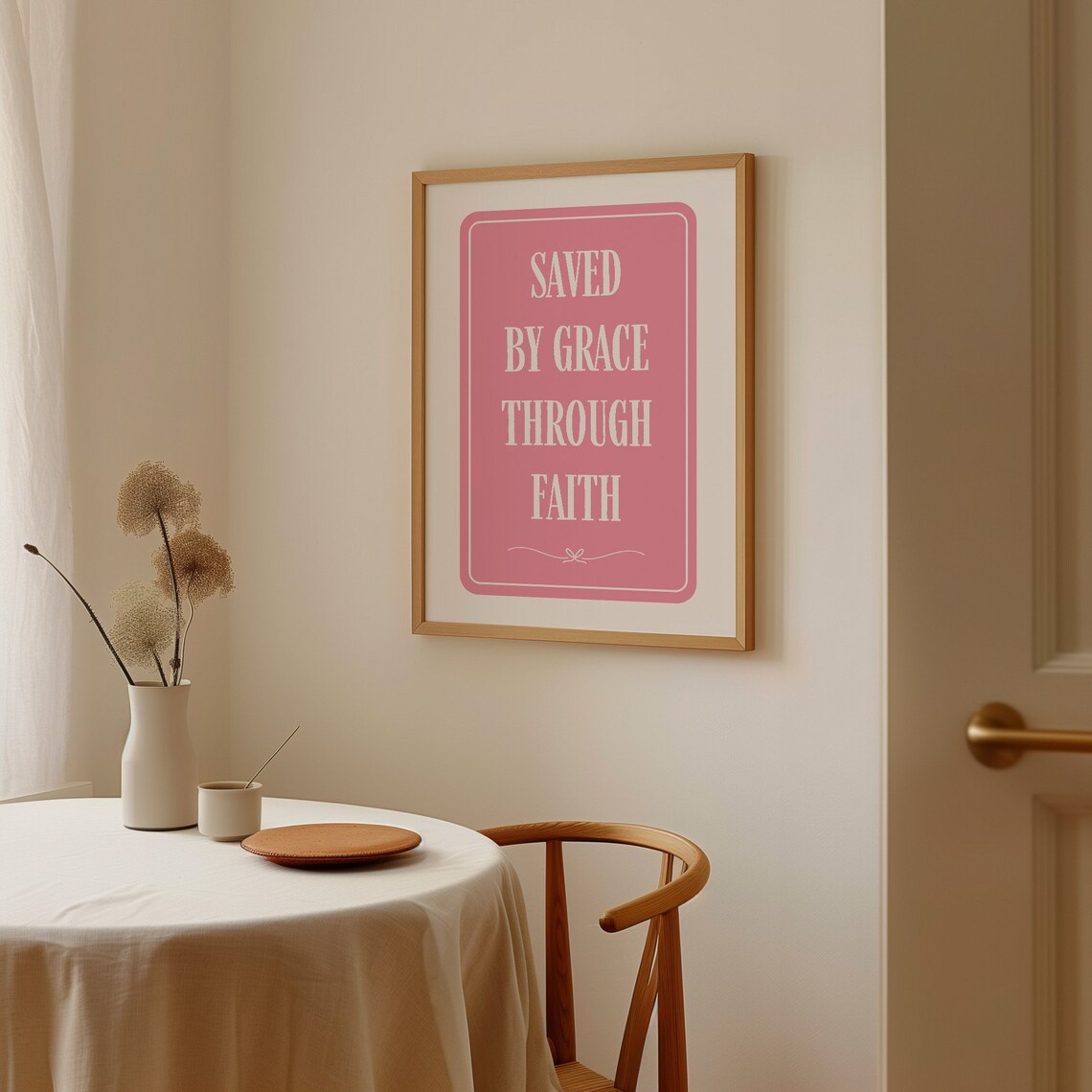 Saved By Grace Through Faith Pink Typography Coquette Christian Quote Wall Art - Image 3