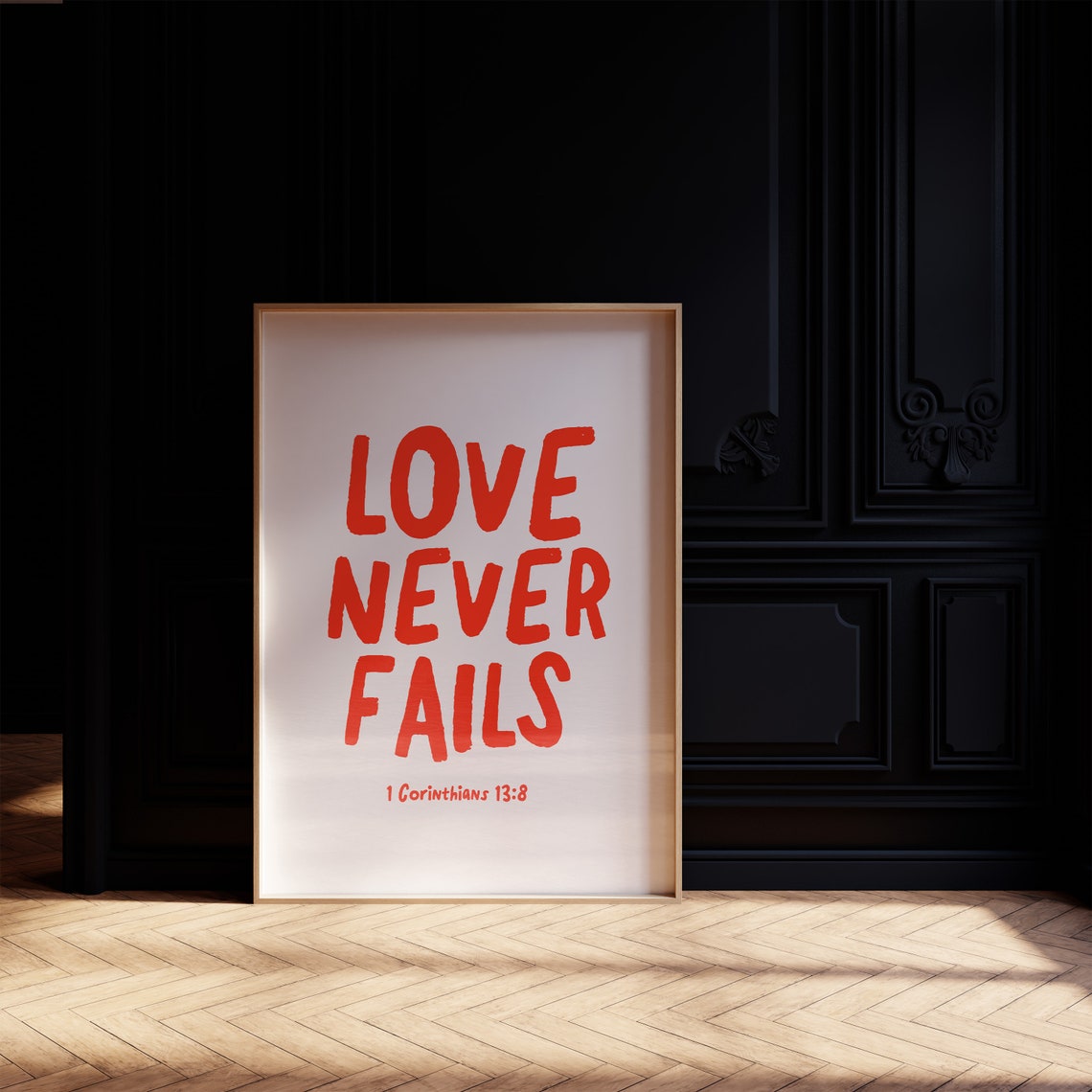 Love Never Fails 1 Corinthians 13:8 Bold Red Hand Lettered Poster - Image 4