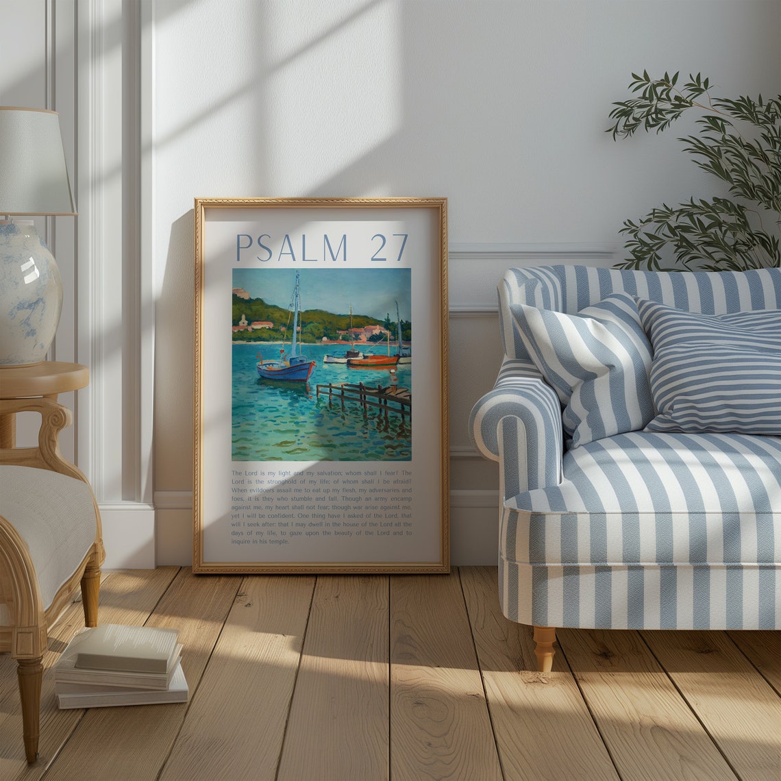 Psalm 27 Sailboat Harbor Painting Cream Scripture Verse Poster - Image 3