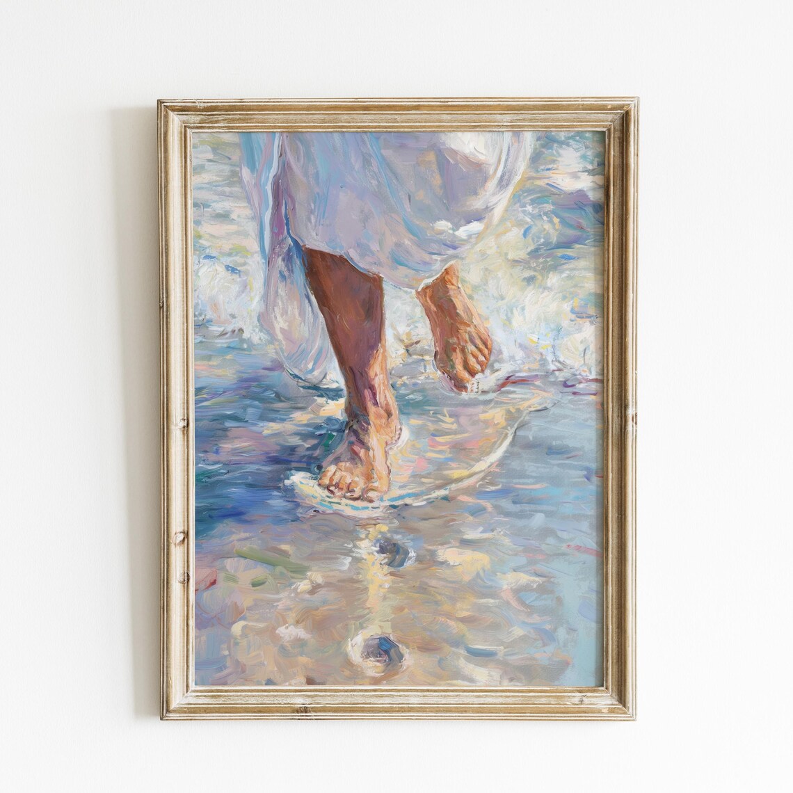 Jesus Feet Walking On Water Impressionist Blue Christian Painting Poster