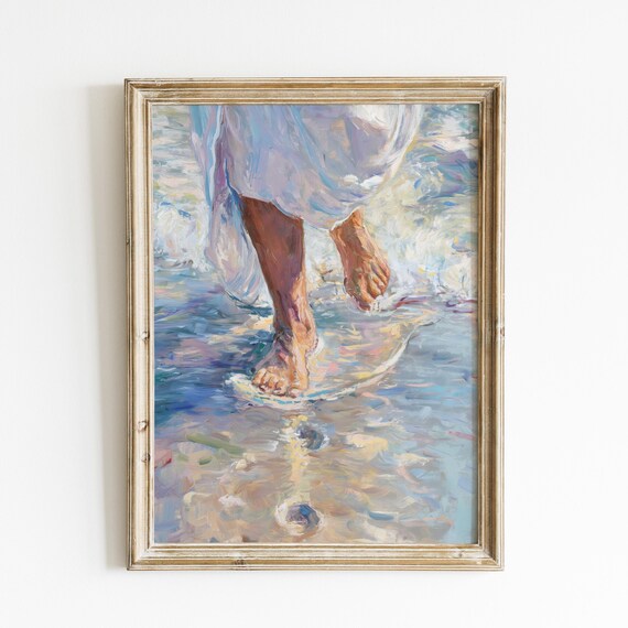 Jesus Feet Walking On Water Impressionist Blue Christian Painting Poster
