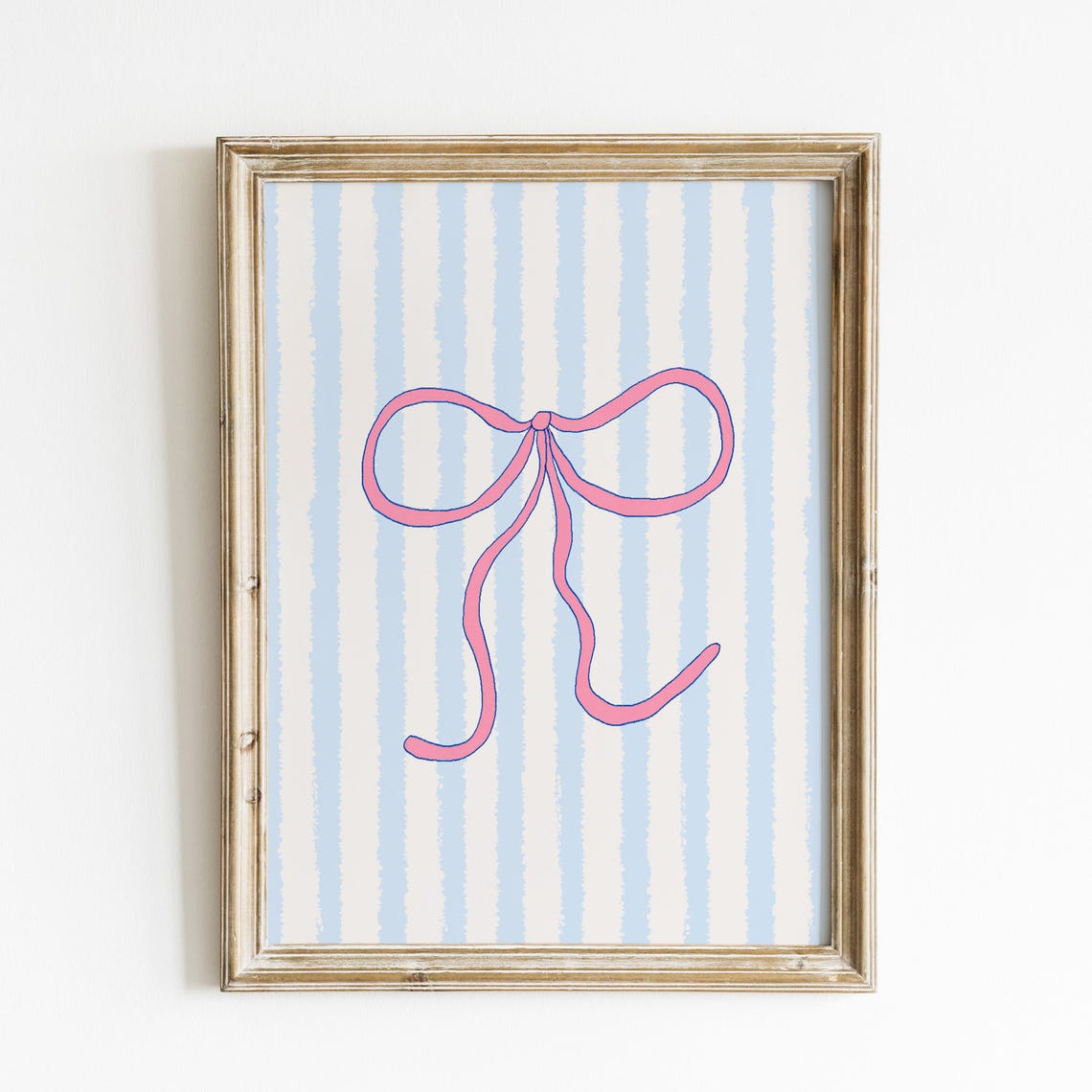Coquette Pink Bow Blue Striped Girls Bedroom Wall Decor Print