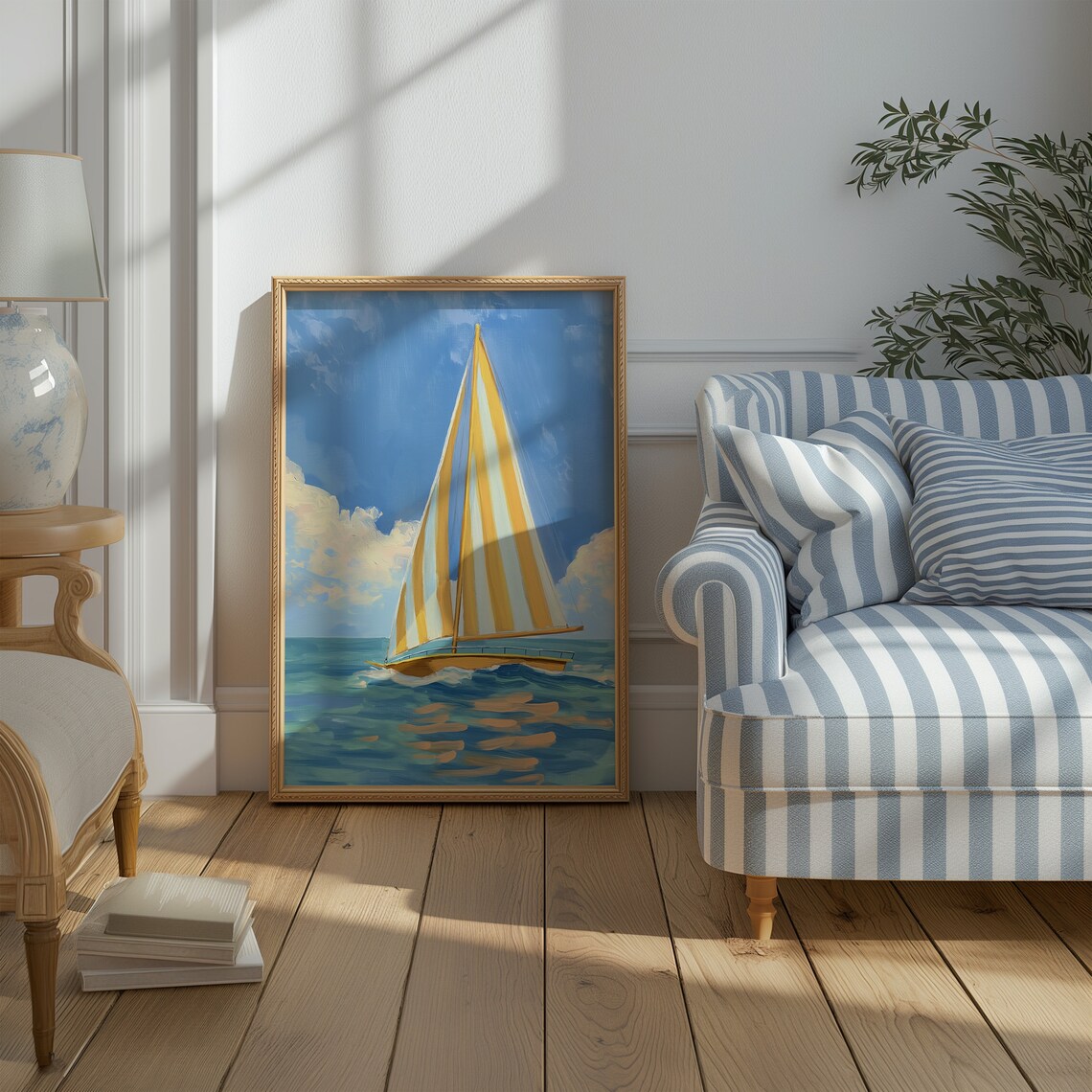 Golden Sailboat Ocean Painting Nautical Sailing Decor Poster - Image 2