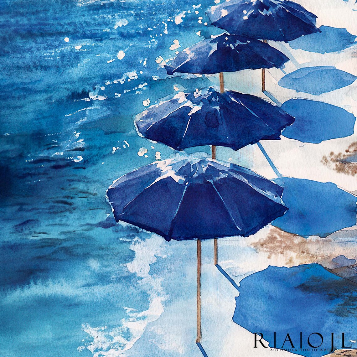 Blue Beach Umbrellas Aerial Watercolor Coastal Scene Decor Poster - Image 4
