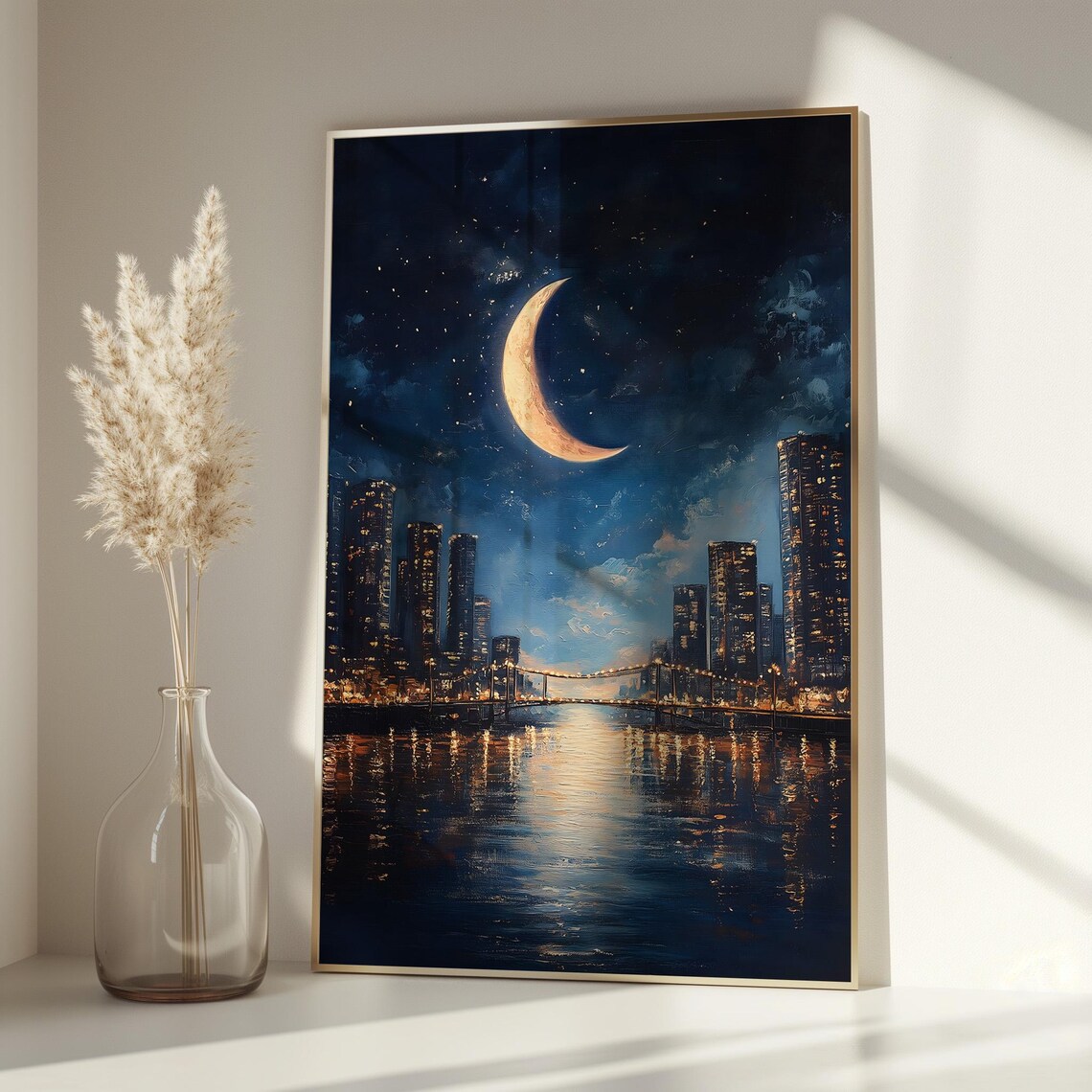 Crescent Moon Night City Skyline Watercolor Night Decor Poster - Image 3