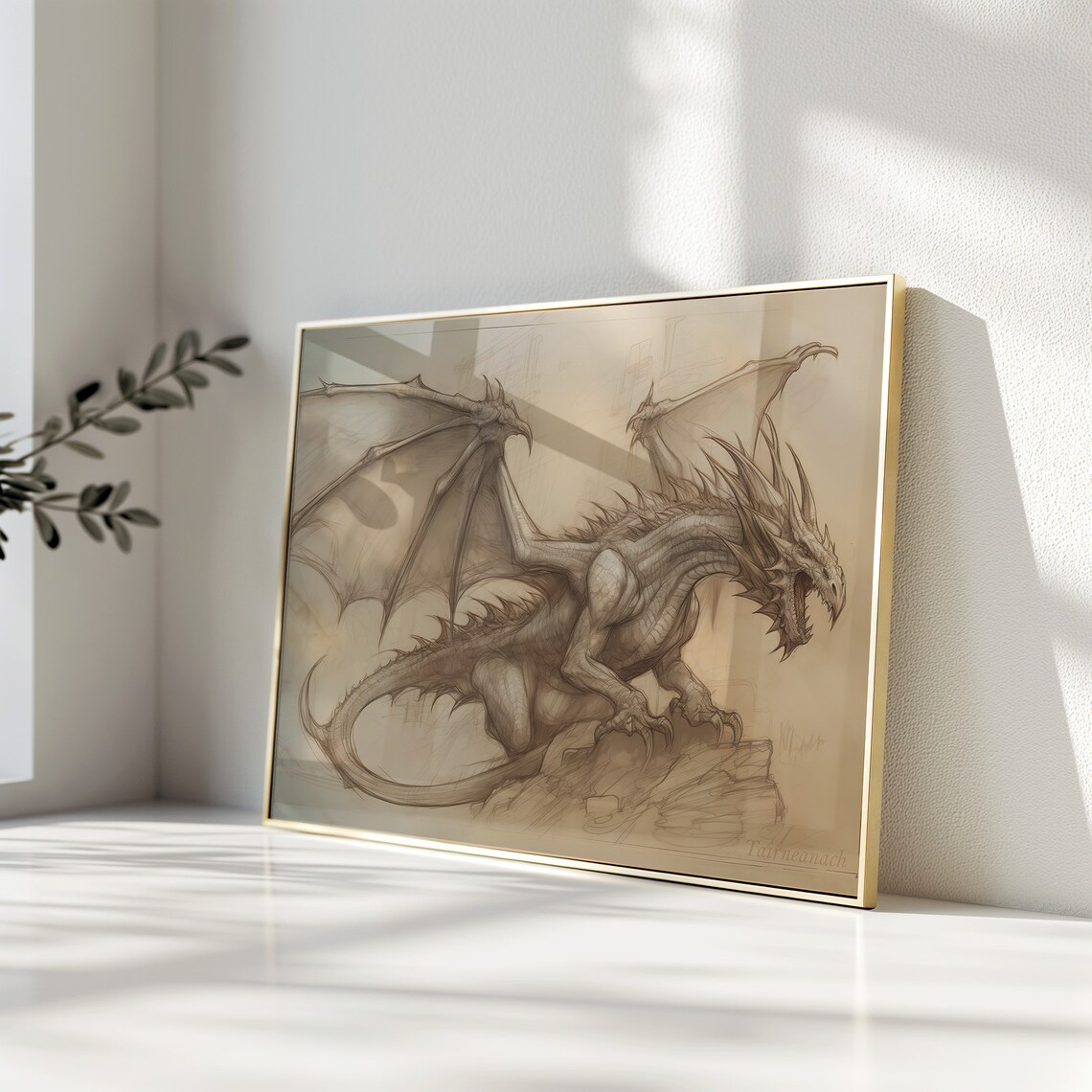 Tairneanach Dragon Sepia Ink Sketch Vintage Fantasy Art Poster - Image 3