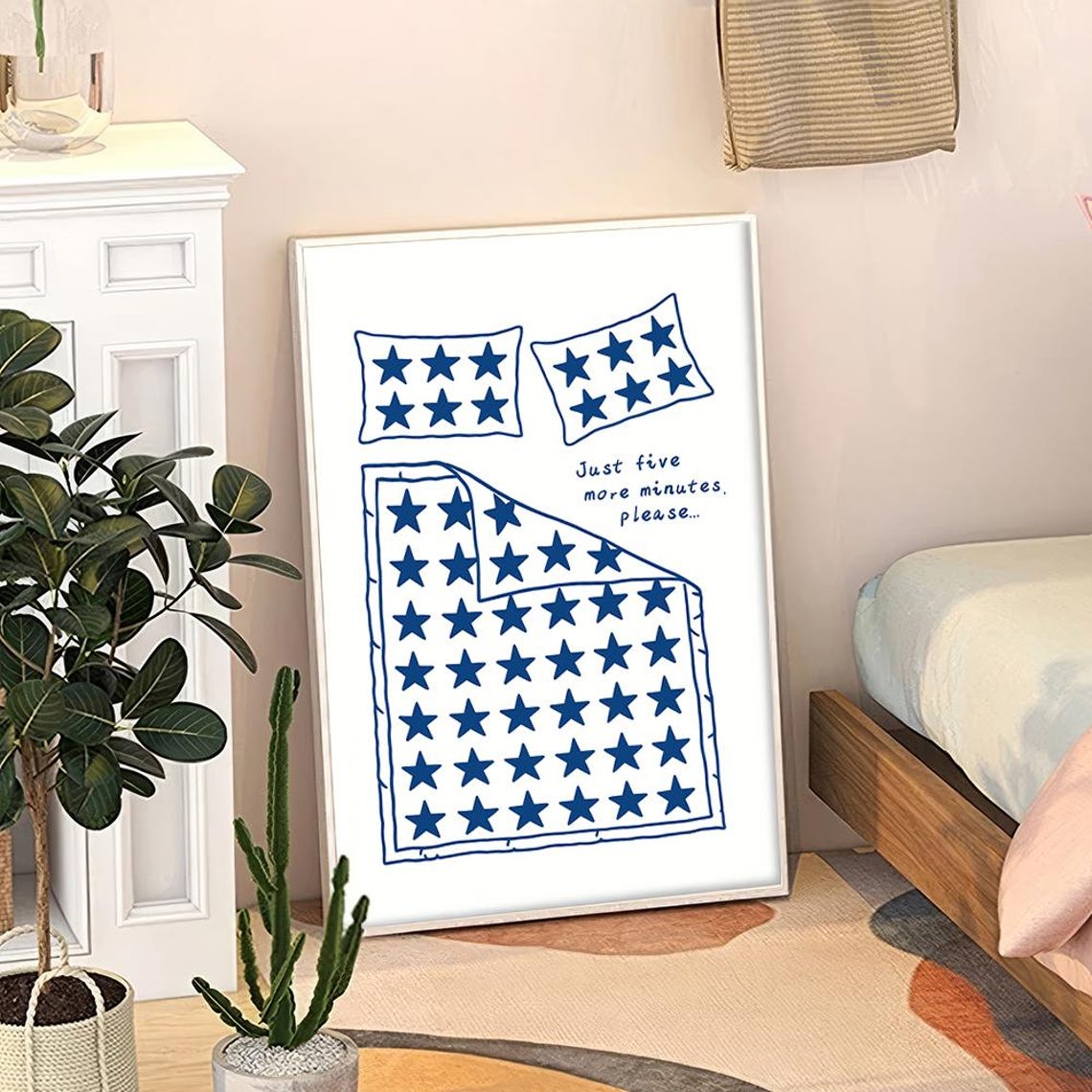 Just Five More Minutes Star Bed Blue Line Drawing Poster Art