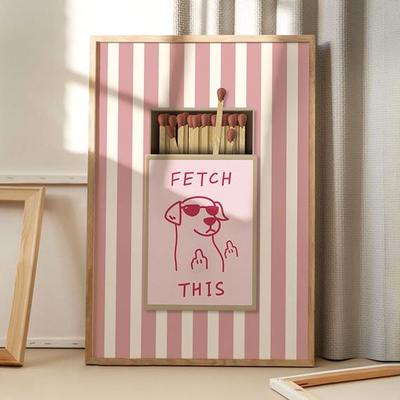 Fetch This Dog Pink Matchbox Stripe Art Poster Trendy Wall Funny Decor Retro Home Print Printed Gift