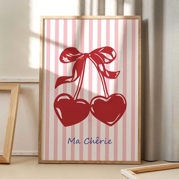 Ma Cherie Cherry Bow Art Poster Trendy Wall Decor Retro Home Print Printed Gift